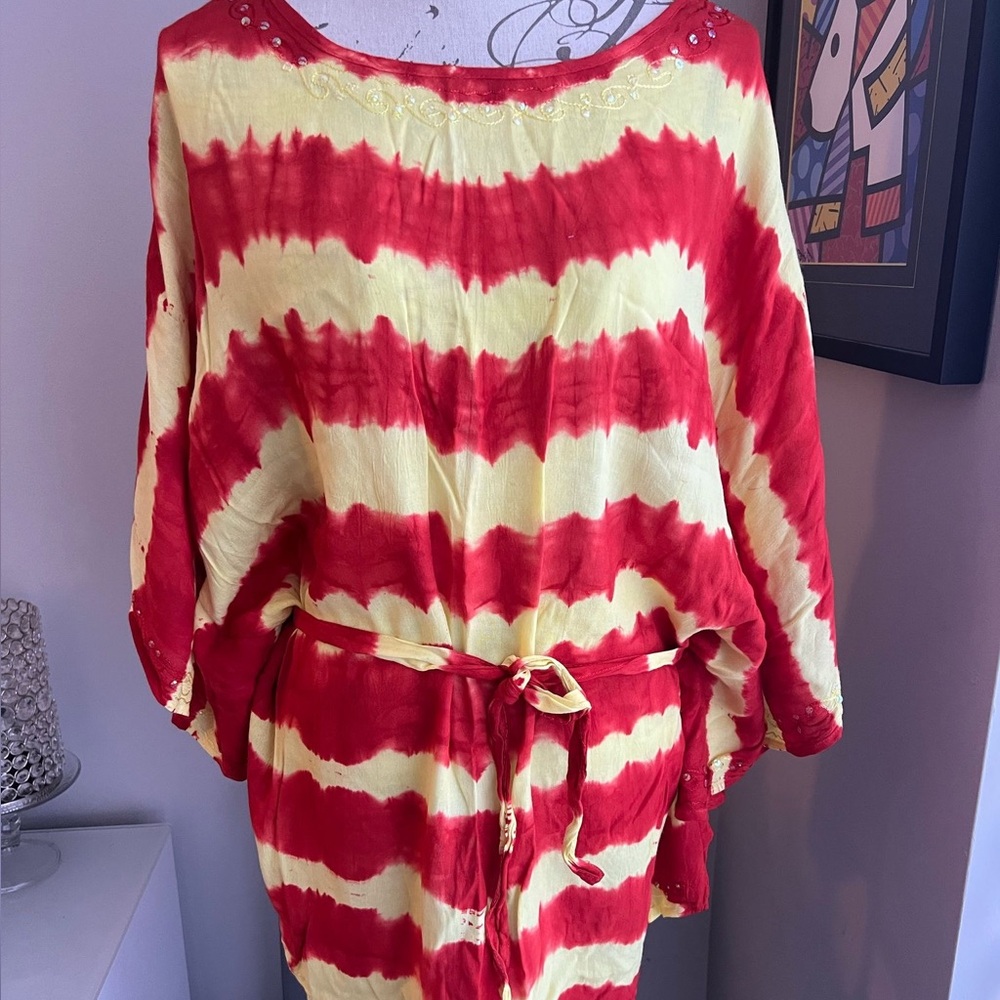 India Boutique Tie Dye Flowy Beach/Pool Cover-Up Free Size(One Size Fits All)